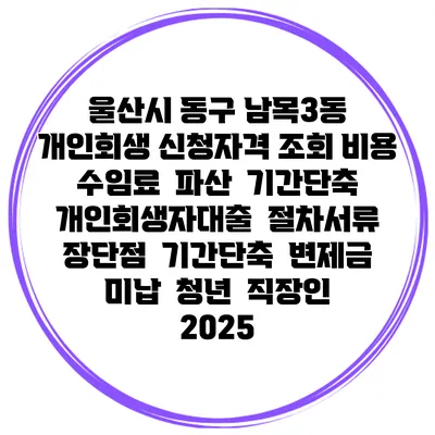 울산시 동구 남목3동 개인회생 신청자격 조회 비용 수임료 | 파산 | 기간단축 | 개인회생자대출 | 절차서류 | 장단점 | 기간단축 | 변제금 미납 | 청년 | 직장인 2025