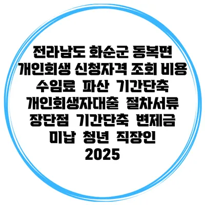 전라남도 화순군 동복면 개인회생 신청자격 조회 비용 수임료 | 파산 | 기간단축 | 개인회생자대출 | 절차서류 | 장단점 | 기간단축 | 변제금 미납 | 청년 | 직장인 2025