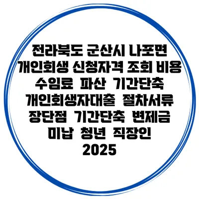 전라북도 군산시 나포면 개인회생 신청자격 조회 비용 수임료 | 파산 | 기간단축 | 개인회생자대출 | 절차서류 | 장단점 | 기간단축 | 변제금 미납 | 청년 | 직장인 2025
